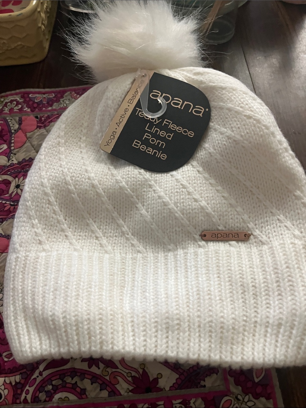 Apana Cream Cable Knit Pom Beanie